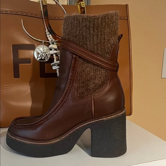 Sam Edelman Brown Heeled Boots with Knit Detail - Picture 1 of 6